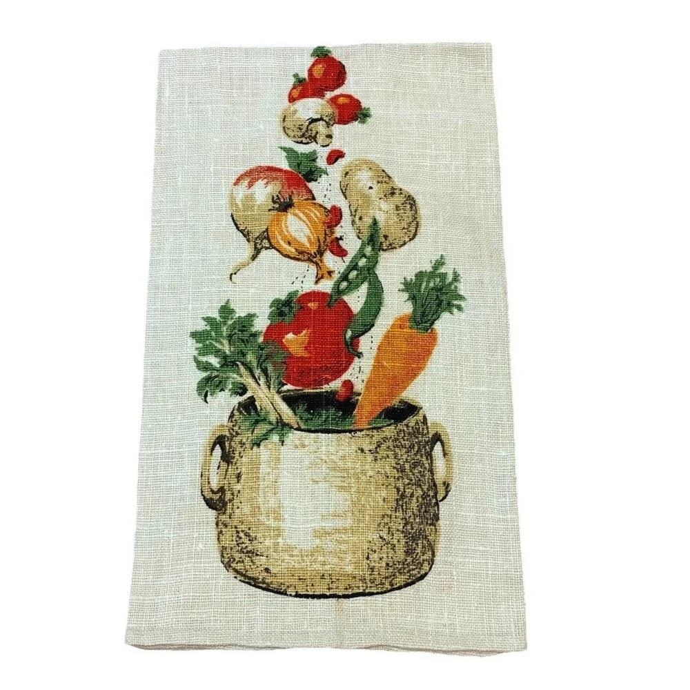 Vintage Linen Tea Hand Towel Retro Kitchen Vegetables In A Pot Never Used 17x30